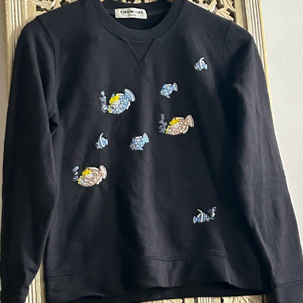 Eudon Choi Black Sweatshirt Sweater with Colorful Beaded Fish Blue Orange Brown - Picture 4 of 5